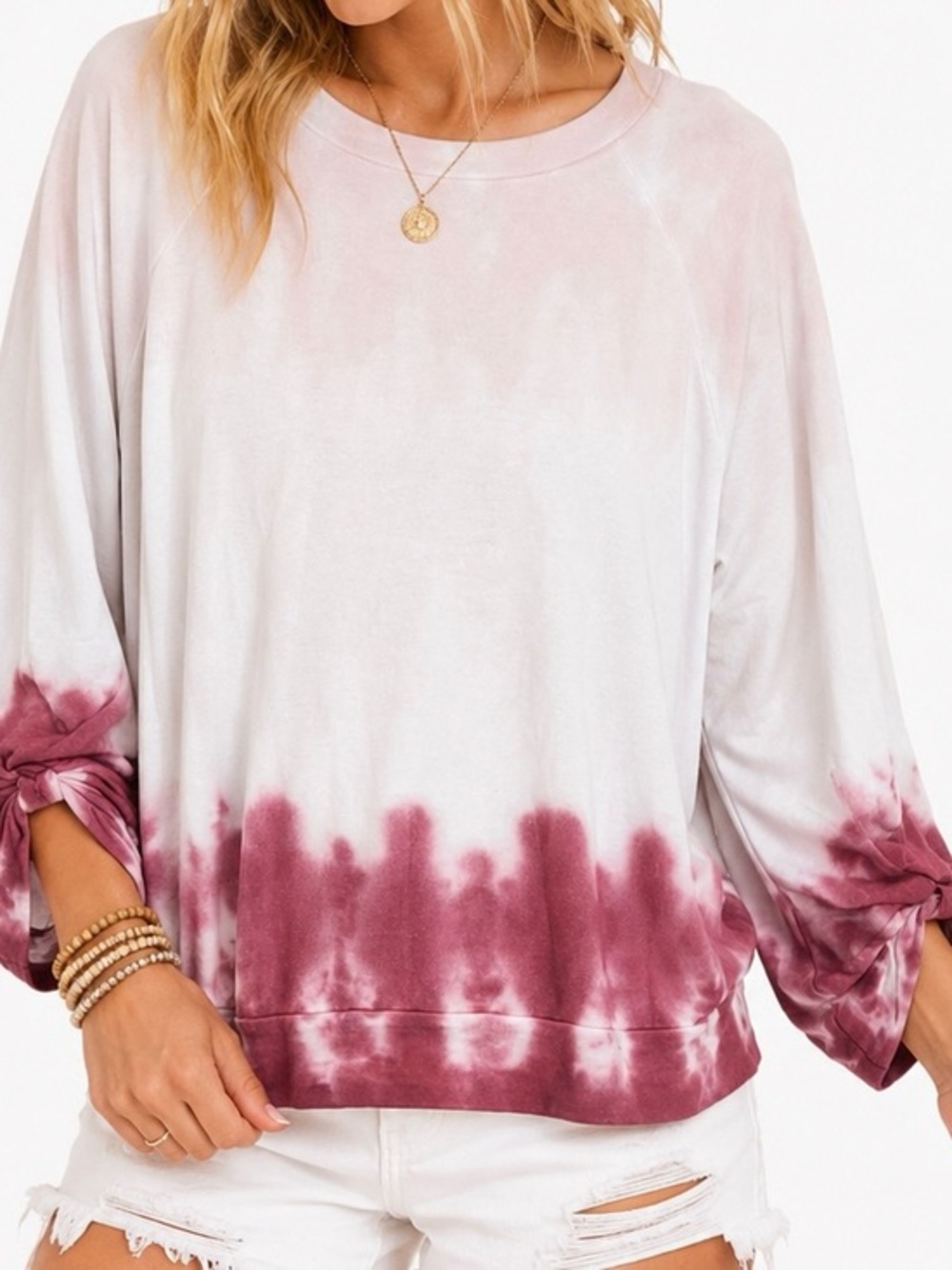 Como Vintage Dip Dye Tie Dye French Terry Twist Sleeve Sweatshirt Pink